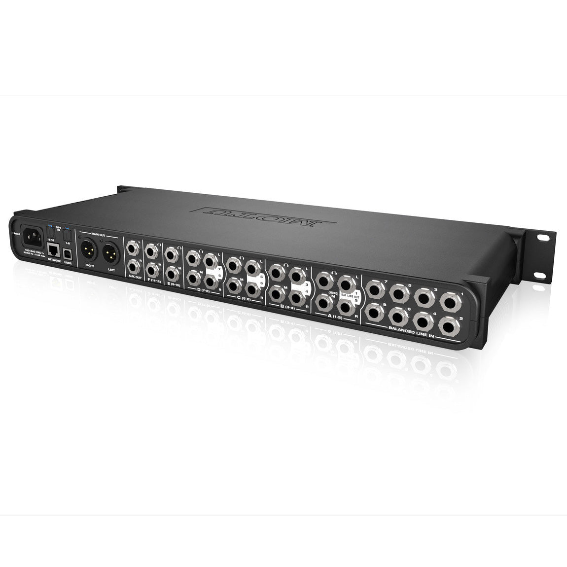 MOTU Monitor 8 Monitor Mixer, Headphone Amp, and USB2 AVB Audio Interface angled back view, displaying its analog inputs and outputs, ADAT optical I/O, USB 2.0 port, network port, and power input.