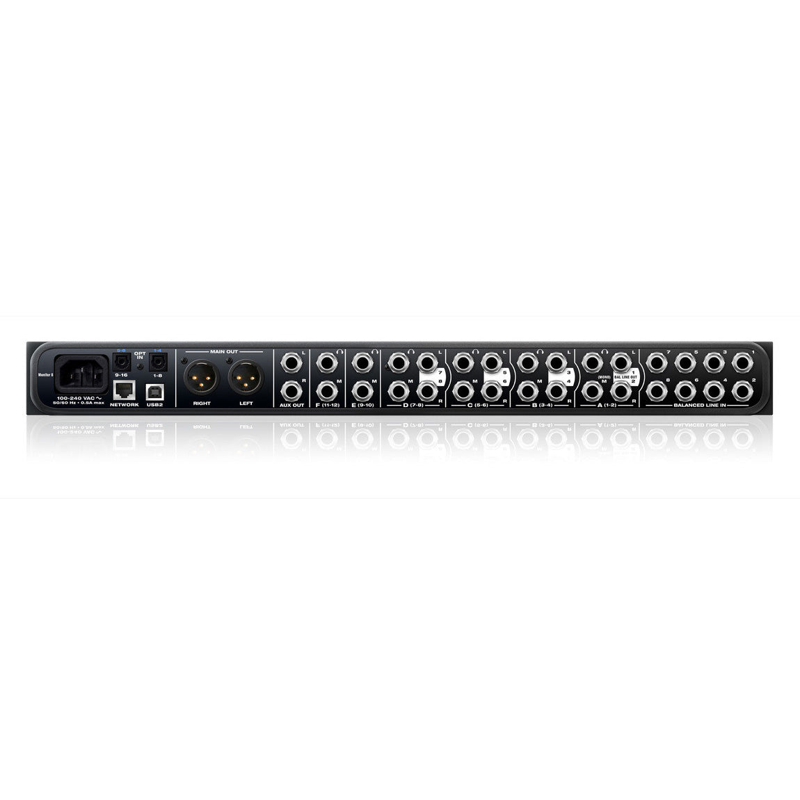 MOTU Monitor 8 Monitor Mixer, Headphone Amp, and USB2 AVB Audio Interface back view, displaying its analog inputs and outputs, ADAT optical I/O, USB 2.0 port, network port, and power input.
