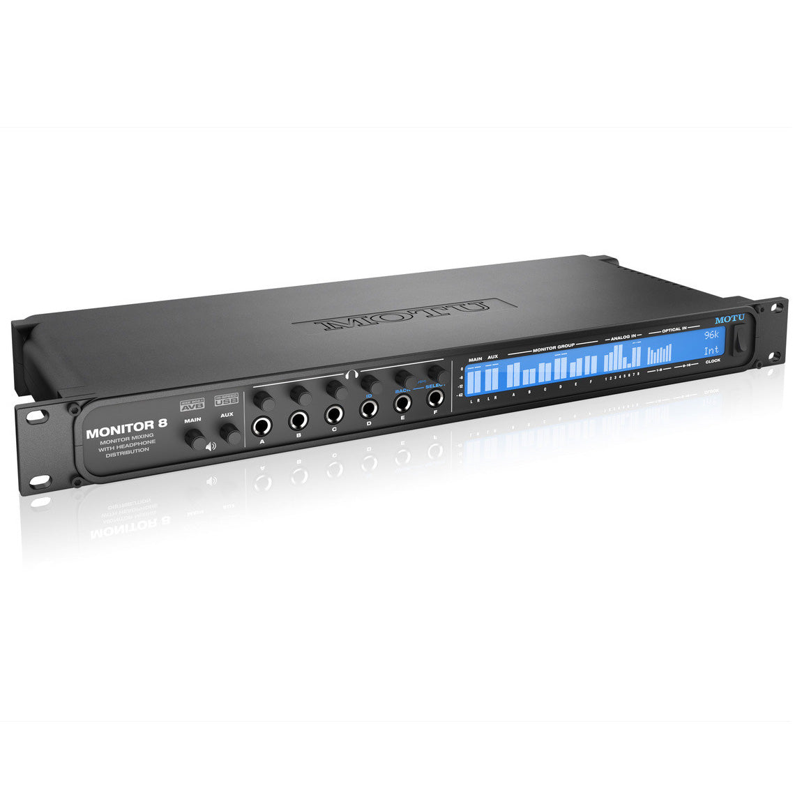 MOTU Monitor 8 Monitor Mixer, Headphone Amp, and USB2 AVB Audio Interface angled front view, showing its 1U rackmount chassis with multiple headphone outputs, individual volume controls, a main and aux output knob, and a large display for metering and settings.