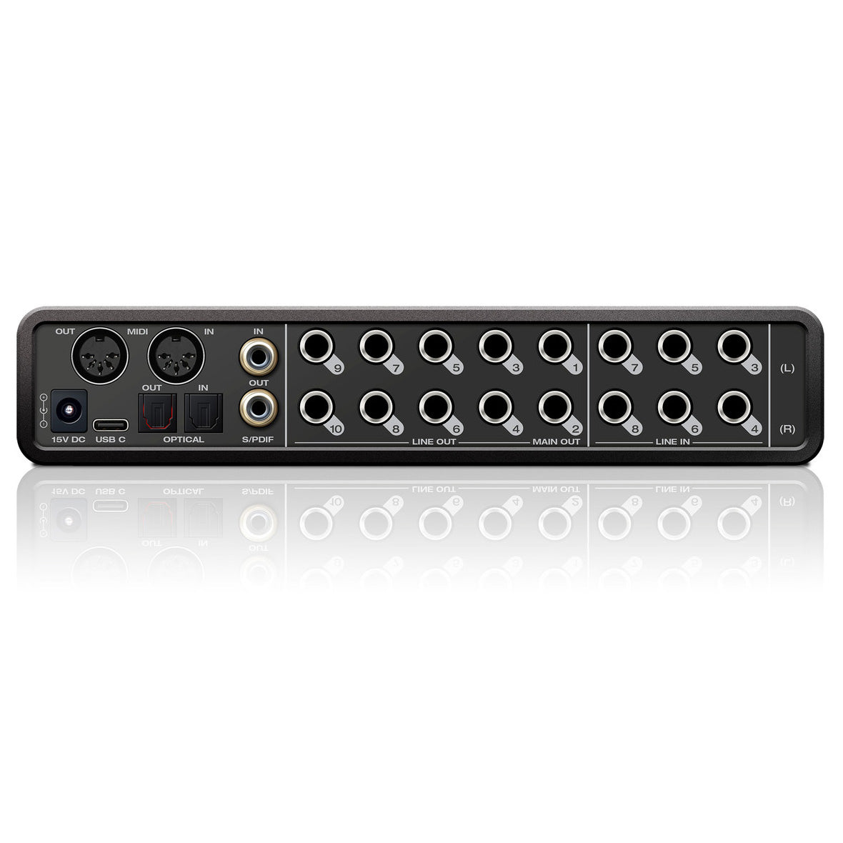 MOTU UltraLite Mk5 18x22 USB Audio Interface back view, displaying its analog inputs and outputs, ADAT optical I/O, S/PDIF coaxial I/O, MIDI I/O, USB C port, and power input.