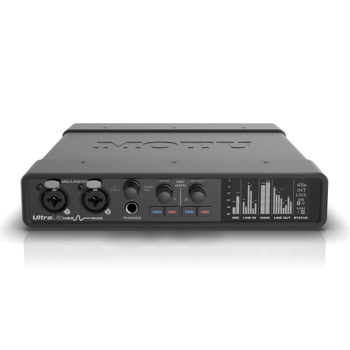 MOTU UltraLite Mk5 18x22 USB Audio Interface, showing its front panel with two combo XLR/TRS inputs, individual gain controls, headphone output, and a display screen.