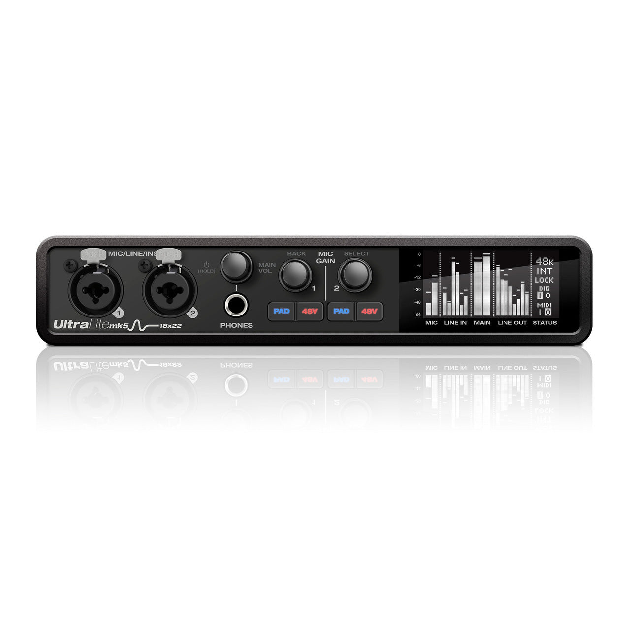 MOTU UltraLite Mk5 18x22 USB Audio Interface, showing its front panel with two combo XLR/TRS inputs, individual gain controls, headphone output, and a display screen.