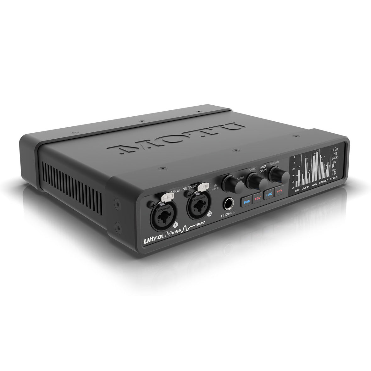 MOTU UltraLite Mk5 18x22 USB Audio Interface, showing its front panel with two combo XLR/TRS inputs, individual gain controls, headphone output, and a display screen.