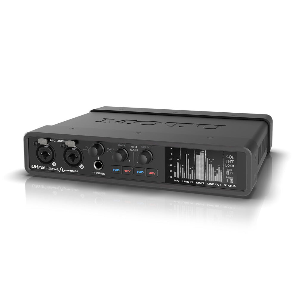 MOTU UltraLite Mk5 18x22 USB Audio Interface, showing its front panel with two combo XLR/TRS inputs, individual gain controls, headphone output, and a display screen.