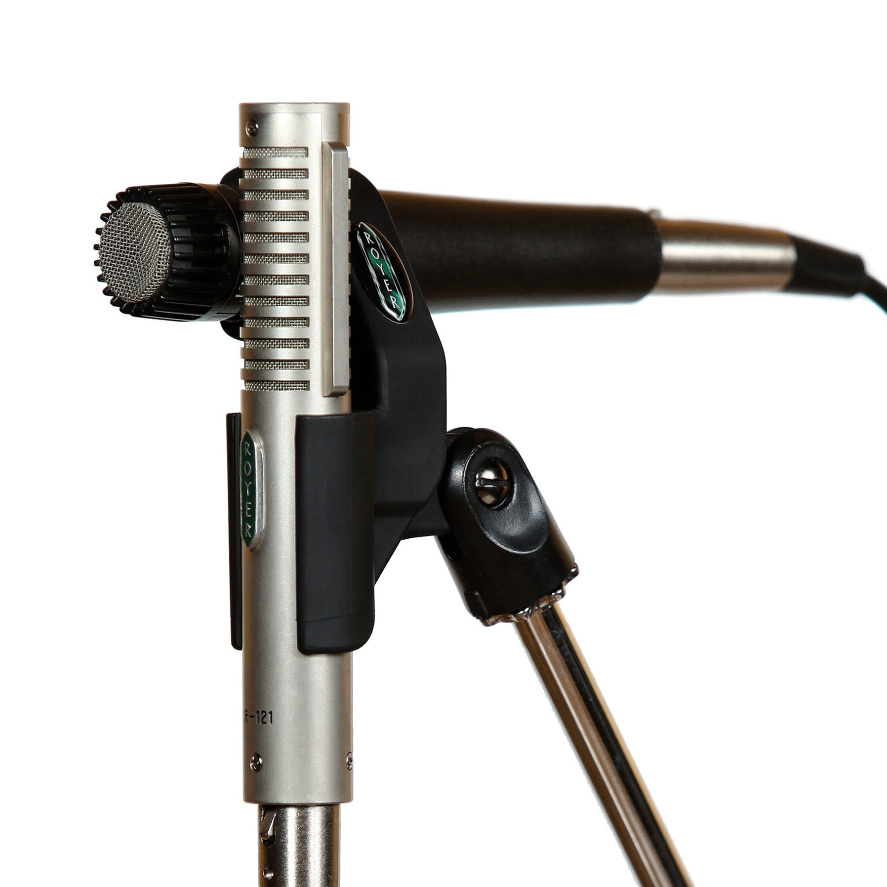 Royer AxeMount SM-21-57 R-121 dual microphone mount, positioning a Shure SM57 and Royer R-121 on a stand to mic a guitar amplifier speaker for blended tone.
