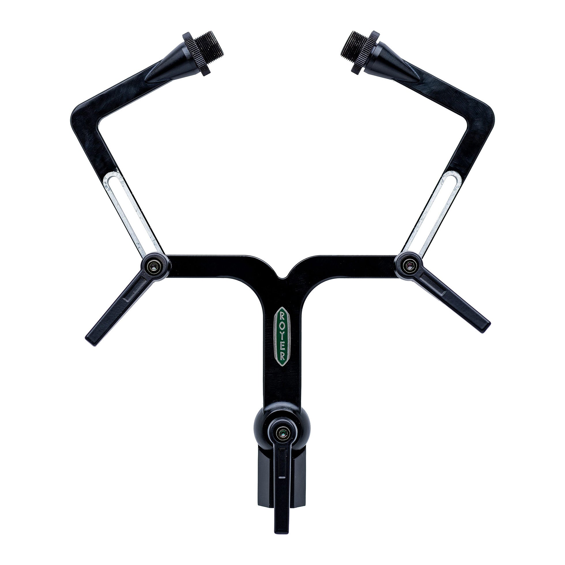 Royer FlexBar dual microphone utility mount in an open position, offering versatile positioning for two microphones on a single stand for stereo or blended recording.