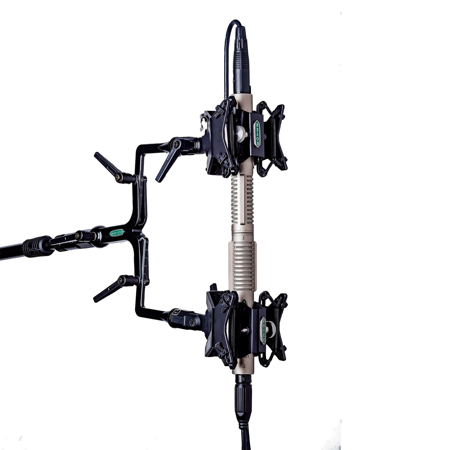 Royer FlexBar dual microphone utility mount on a stand, securely holding two Royer R-121 Studio Ribbon Microphones in RSM-SS1 "Sling-Shock" Shockmounts for professional stereo or blended recording setups.