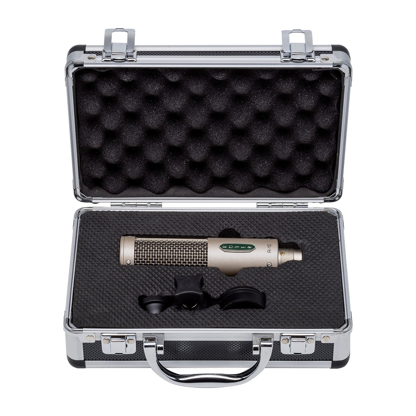 Royer R-10 Ribbon Microphone securely stored in its protective hard case, with hardmount mic clip.