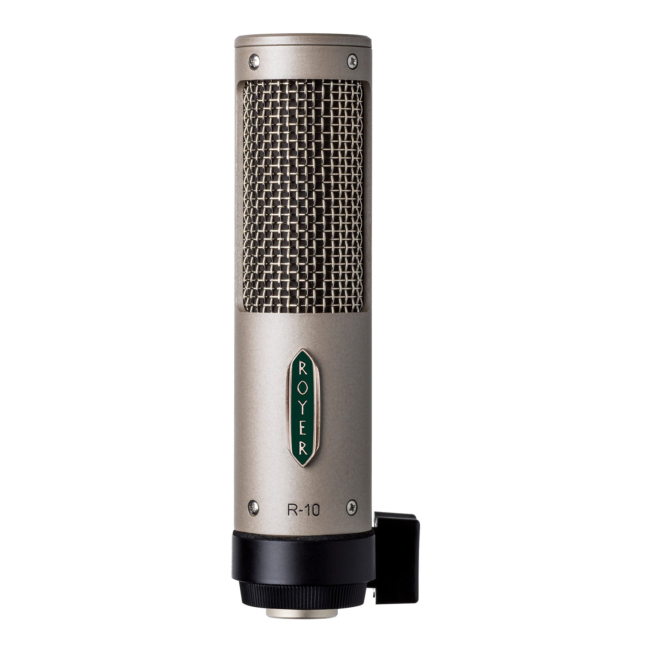 Royer R-10 Ribbon Microphone, front angle showing its distinctive royer logo, grille design and durable construction, ideal for high-SPL recording.