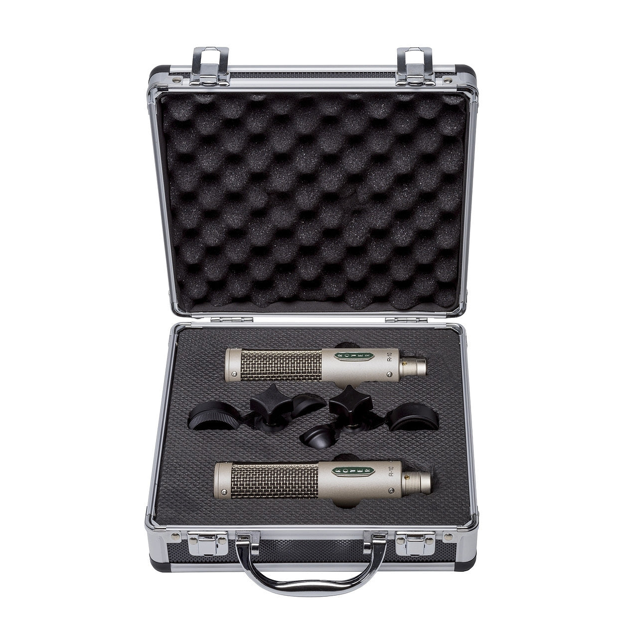 Royer R-10 Ribbon Microphone matched pair securely housed in their protective custom case, ready for stereo recording or transport. Highlights the professional presentation and safe storage of these studio microphones.
