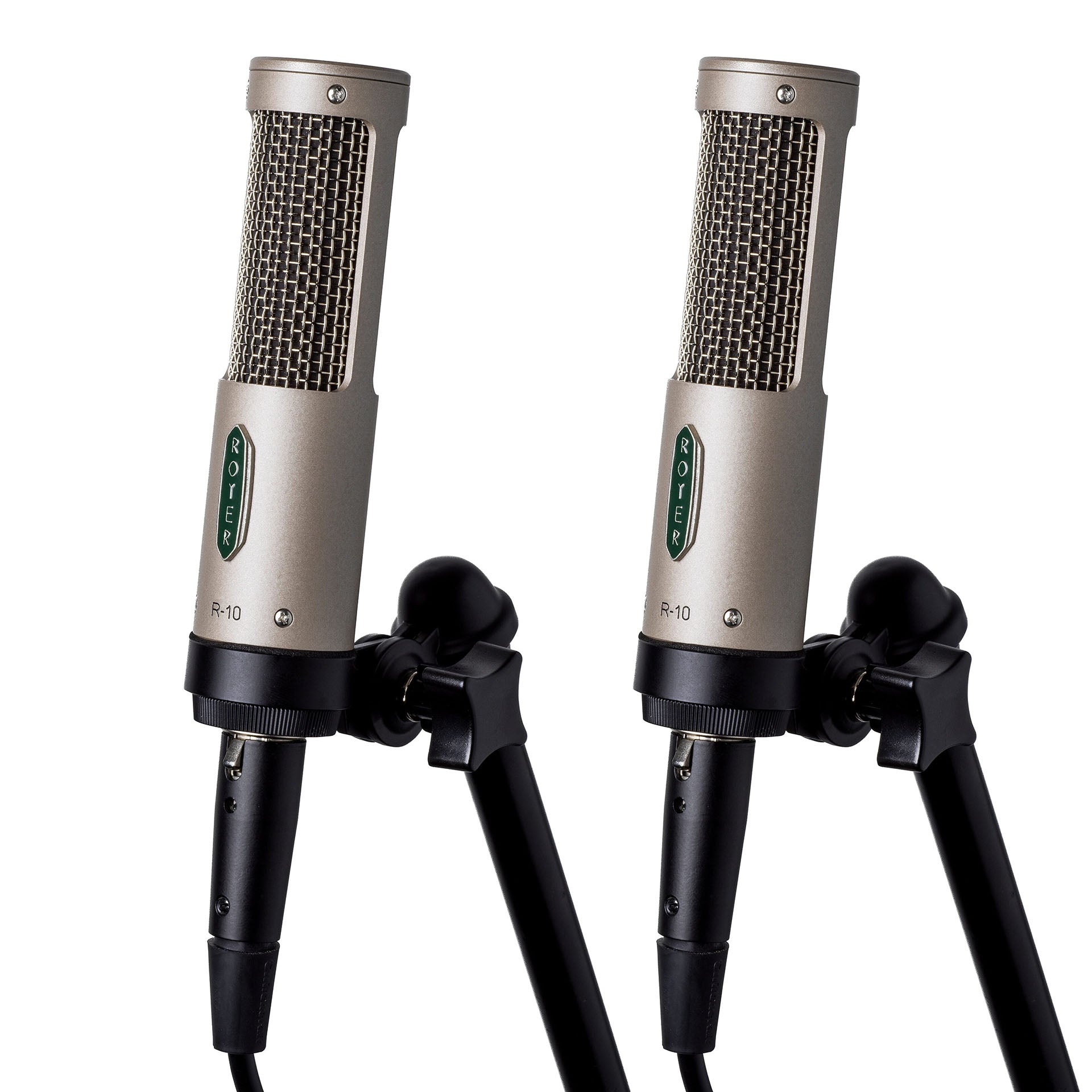 Royer R-10 Ribbon Microphone Matched Pair hardmounted on studio stands.