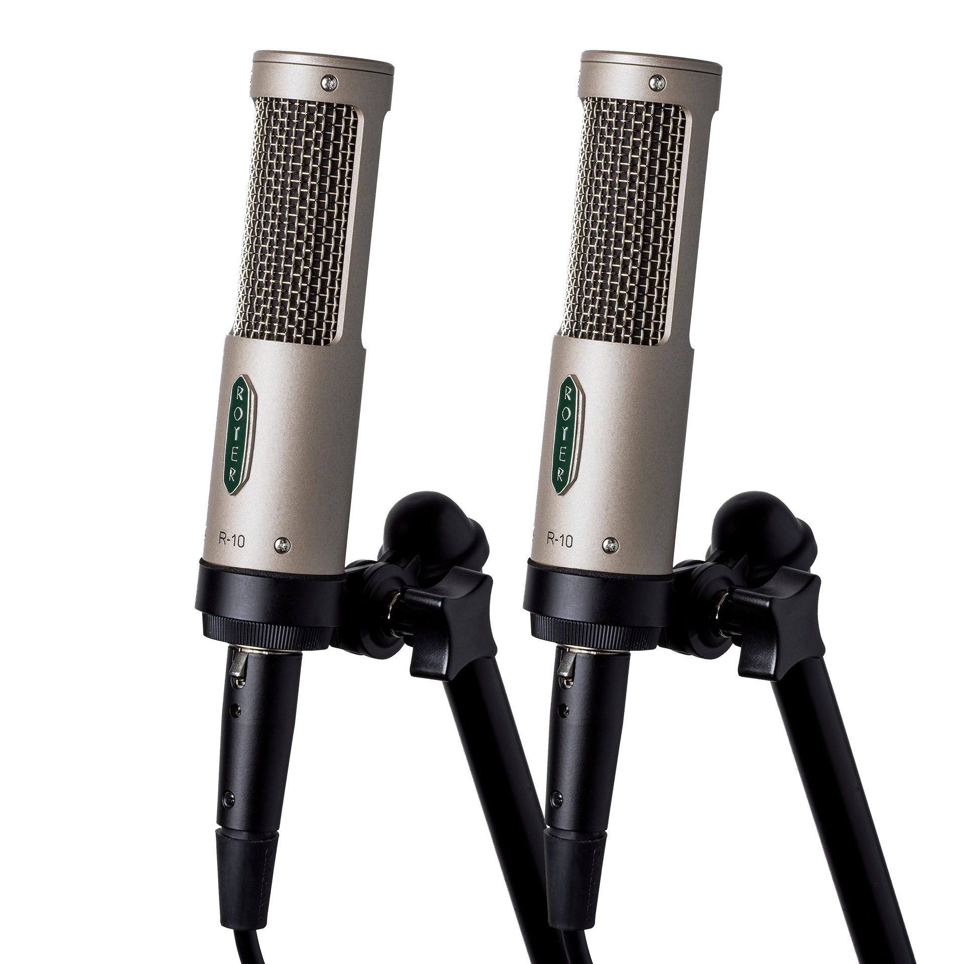 Royer R-10 Ribbon Microphone Matched Pair hardmounted on studio stands.