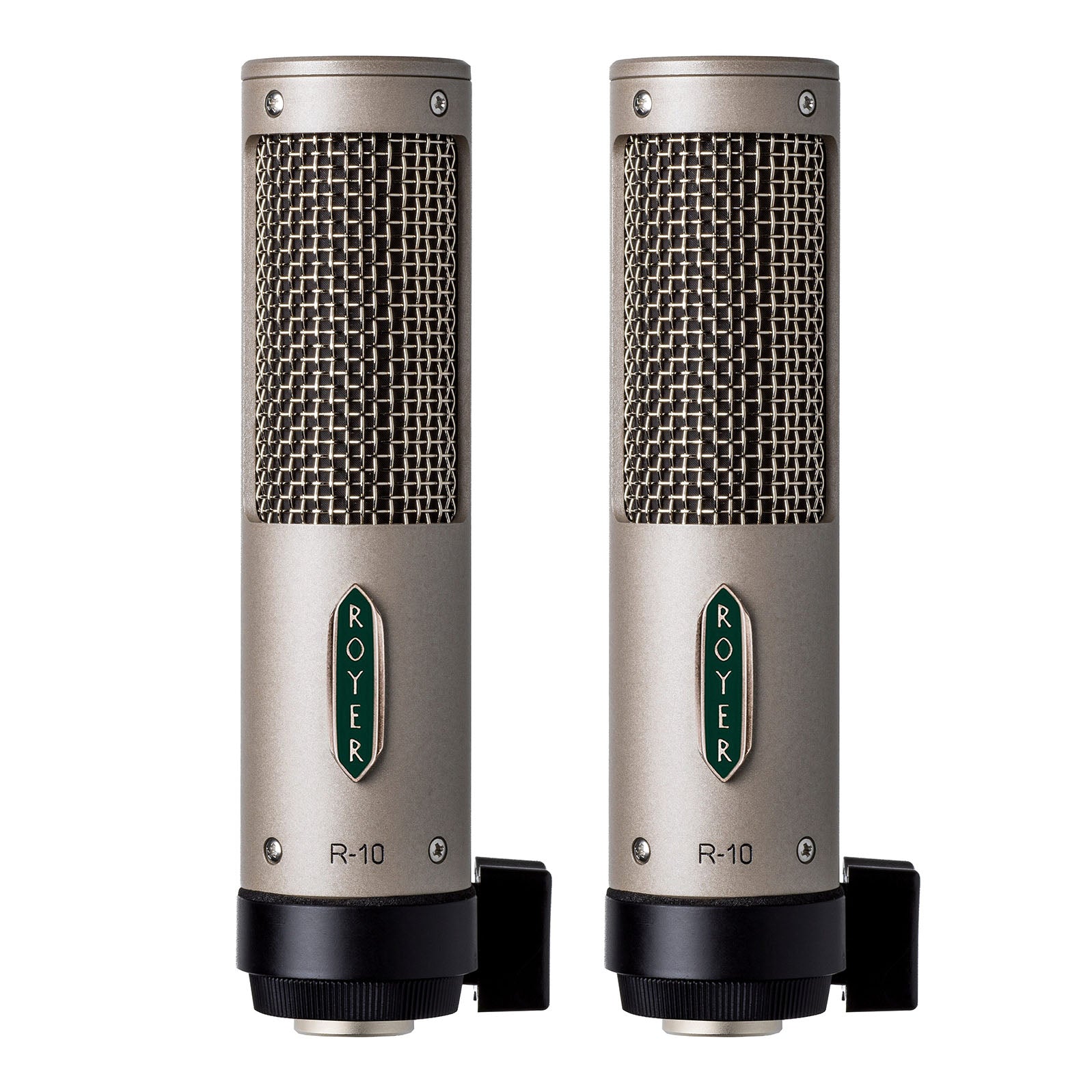 Matched pair of Royer R-10 Ribbon Microphone, front angle showing their distinctive royer logo, grille design and durable construction, ideal for high-SPL recording.