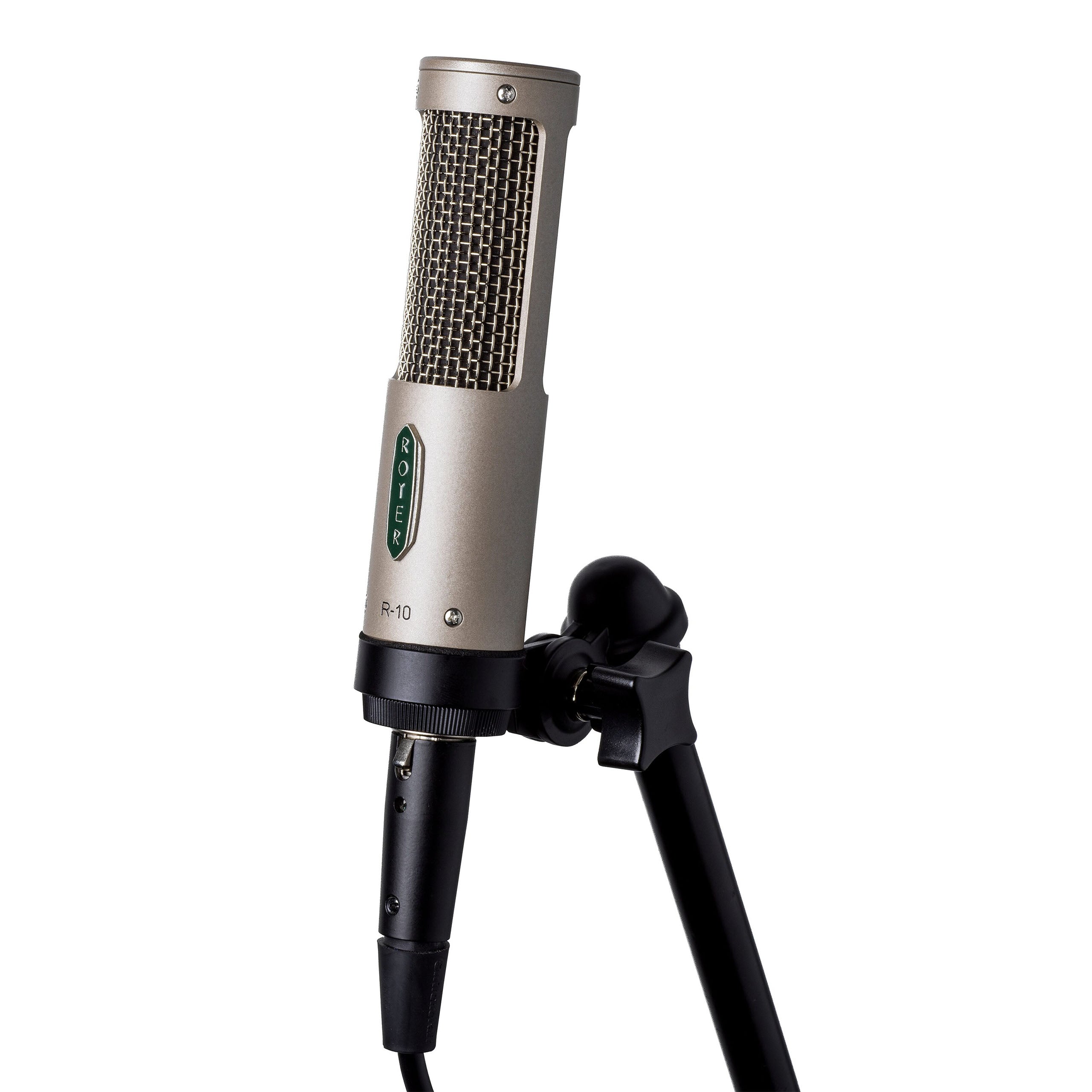 Royer R-10 Ribbon Microphone on a microphone stand, front side angle showing its distinctive royer logo and grille design and durable construction, ideal for high-SPL recording.