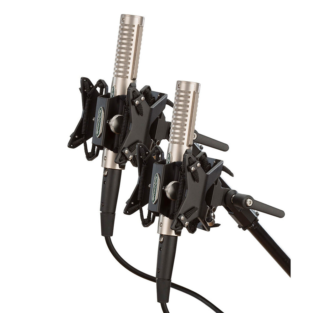 Matched pair of Royer R-121 Studio Ribbon Microphones mounted on RSM-SS1 Sling Shockmounts on stands.