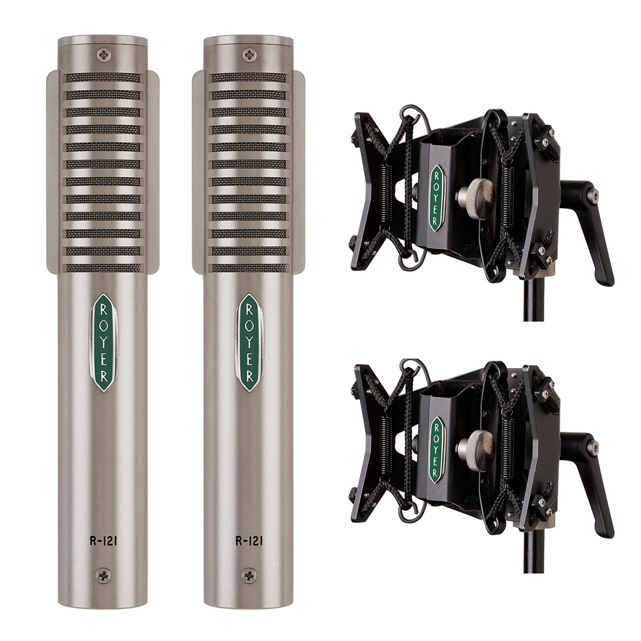 Matched pair of Royer R-121 Studio Ribbon Microphones with RSM-SS1 Sling Shockmounts, front and angled view showing the distinctive royer logo, grille design and durable construction, ideal for high-SPL recording.