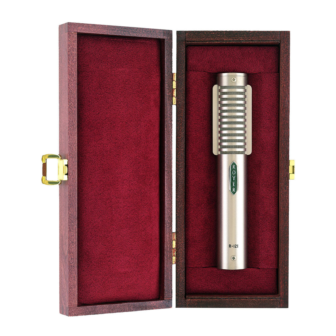 Royer R-121 Studio Ribbon Microphone nestled in its custom wooden box, highlighting premium protection and elegant presentation for professional recording.