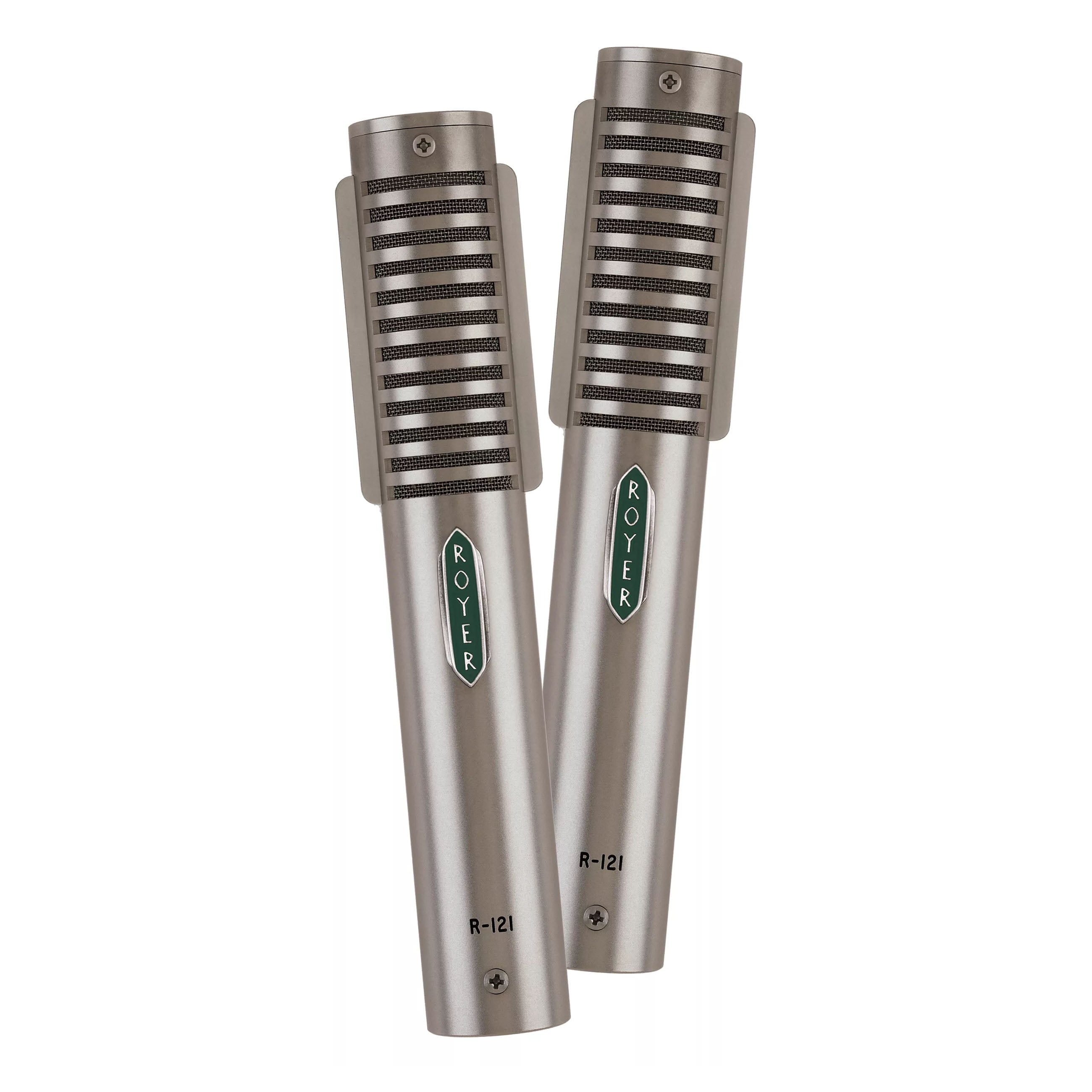 Matched pair of Royer R-121 Studio Ribbon Microphones, tilted front view showing the distinctive royer logo, grille design and durable construction, ideal for high-SPL recording.