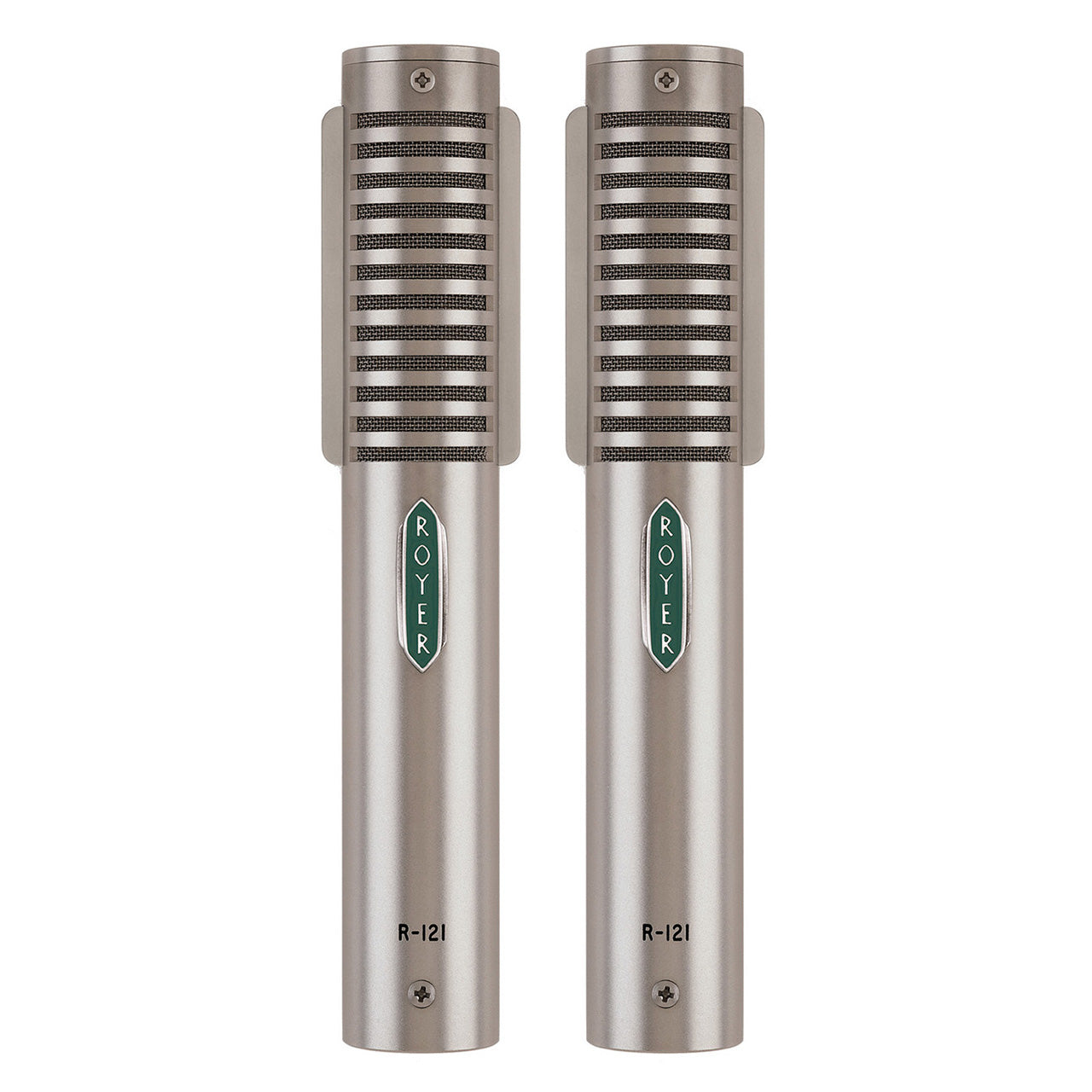 Matched pair of Royer R-121 Studio Ribbon Microphones, front view showing the distinctive royer logo, grille design and durable construction, ideal for high-SPL recording.