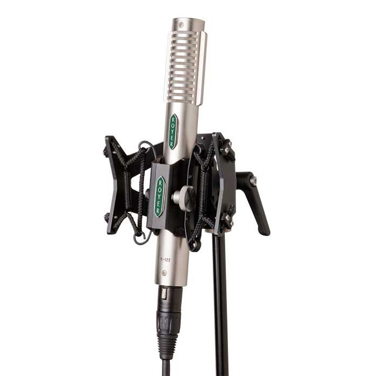 Royer R-121 Studio Ribbon Microphone mounted on an RSM-SS1 Sling Shockmount and stand.
