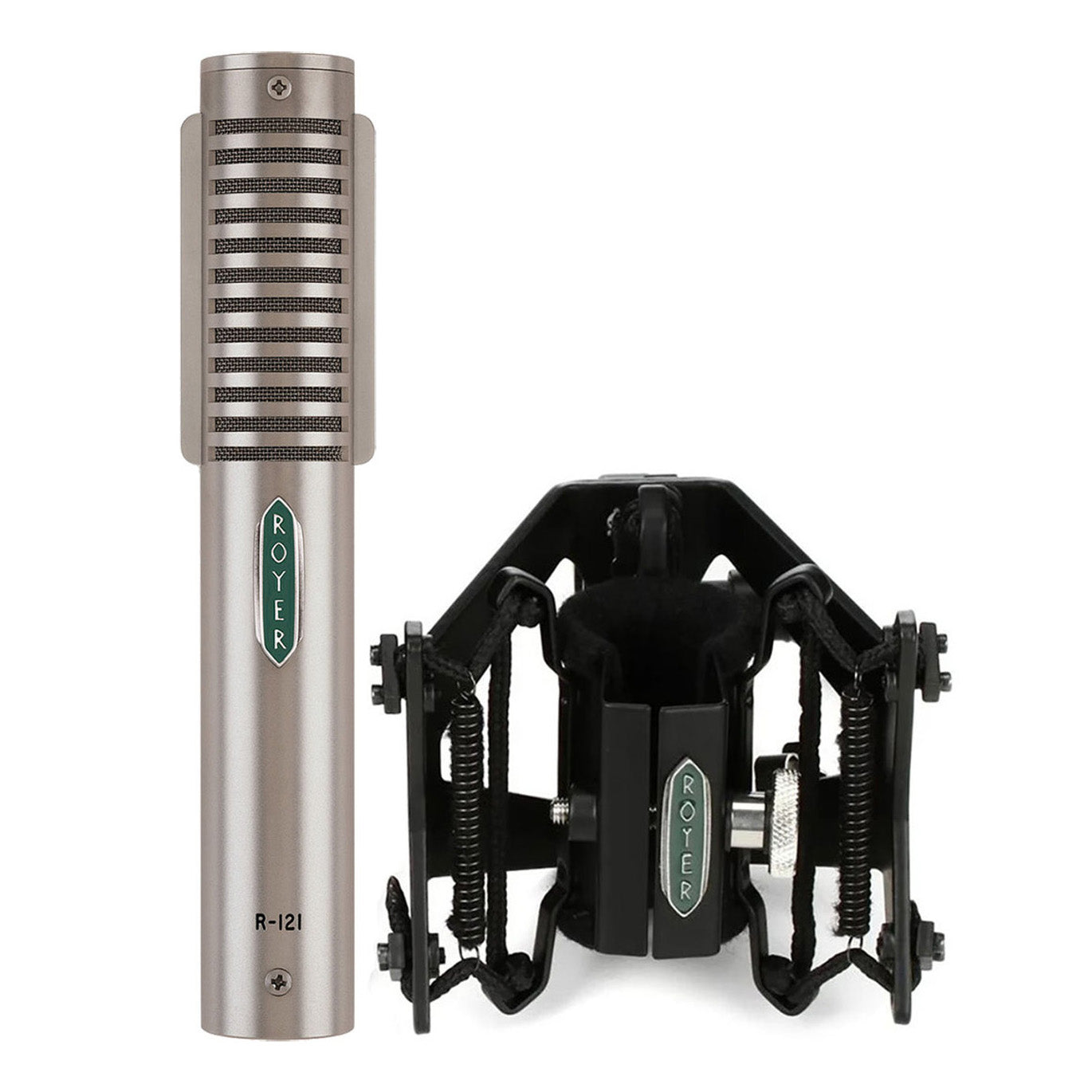 Royer R-121 Studio Ribbon Microphone with RSM-SS1 Sling Shockmount, front view showing the iconic logo, grille design and durable construction.