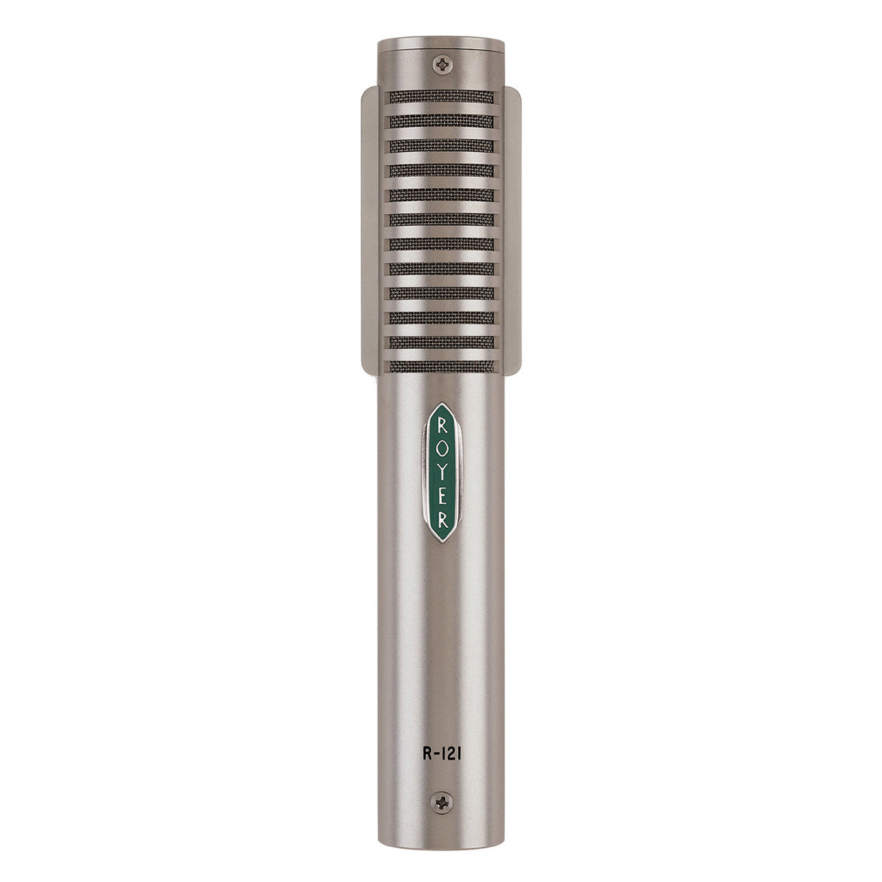 Royer R-121 Studio Ribbon Microphone, front view showing its distinctive royer logo, grille design and durable construction, ideal for high-SPL recording.
