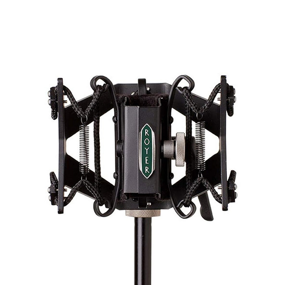 Front view of the Royer RSM-SS1 Sling-Shock Microphone Shockmount, showcasing its unique non-elastic suspension system for superior vibration isolation
