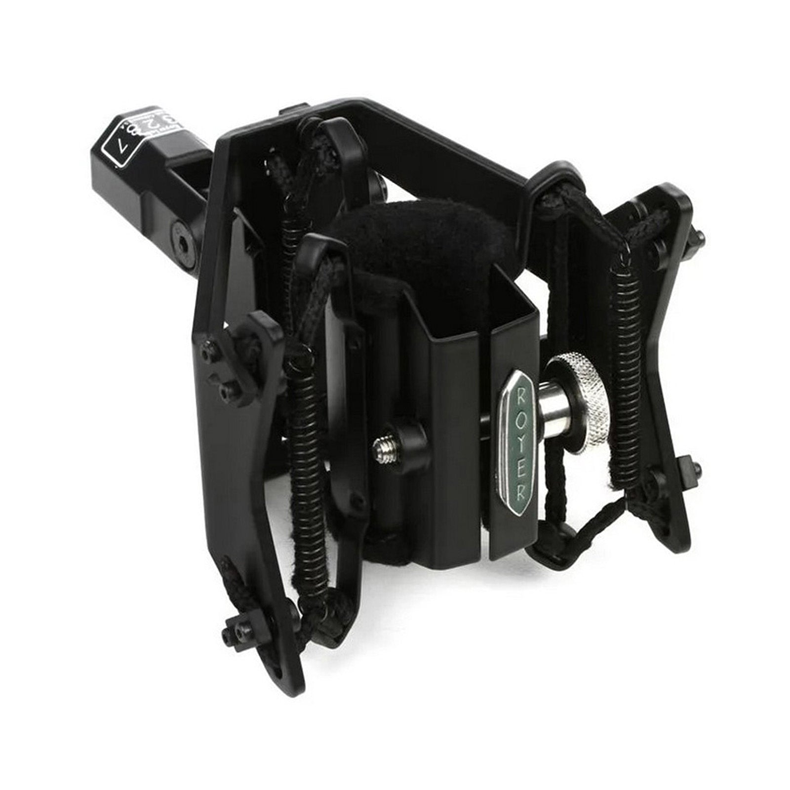 Top angled view of the Royer RSM-SS1 Sling-Shock Microphone Shockmount, showcasing its unique non-elastic suspension system for superior vibration isolation