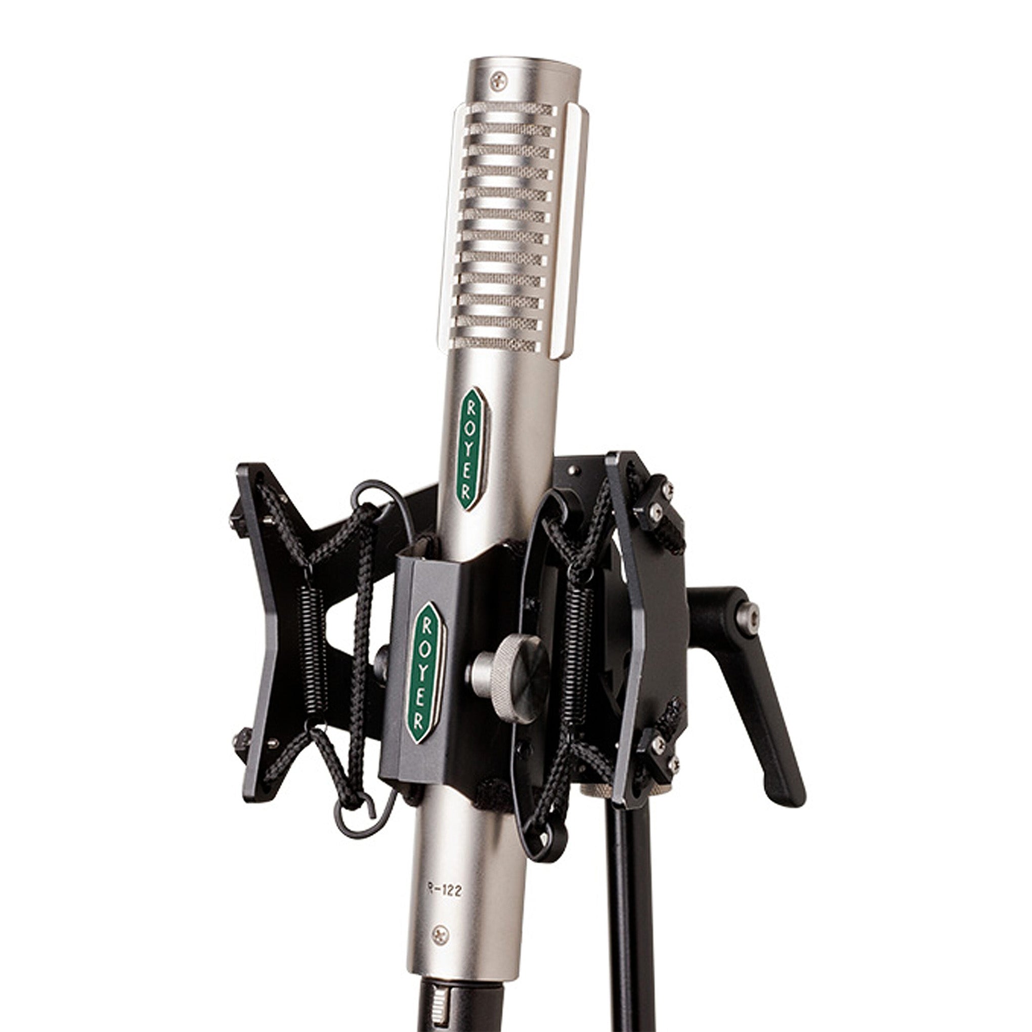RSM-SS1 Sling Shockmount and Royer R-121 Studio Ribbon Microphone mounted on a microphone stand.