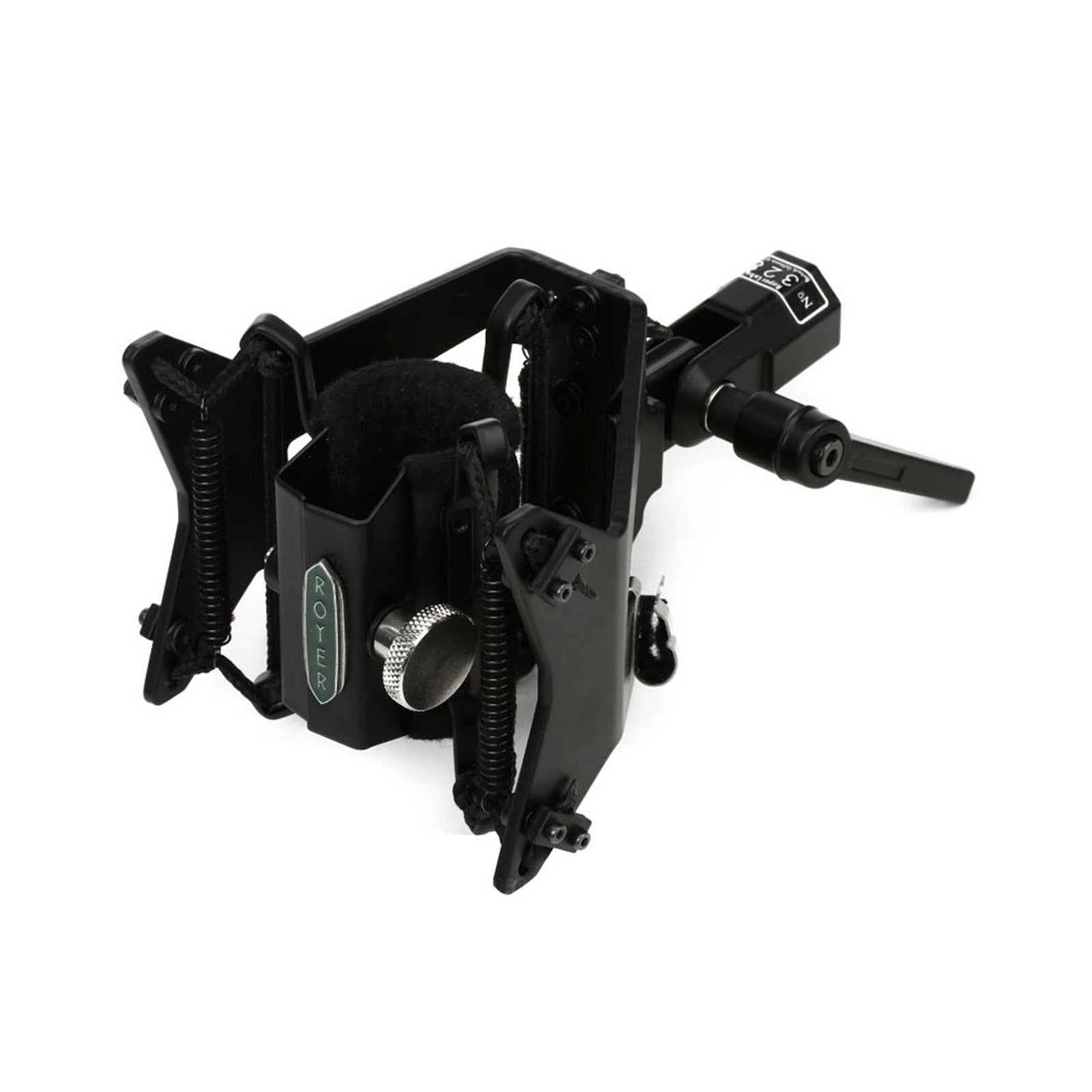 Top angled view of the Royer RSM-SS1 Sling-Shock Microphone Shockmount, showcasing its unique non-elastic suspension system for superior vibration isolation