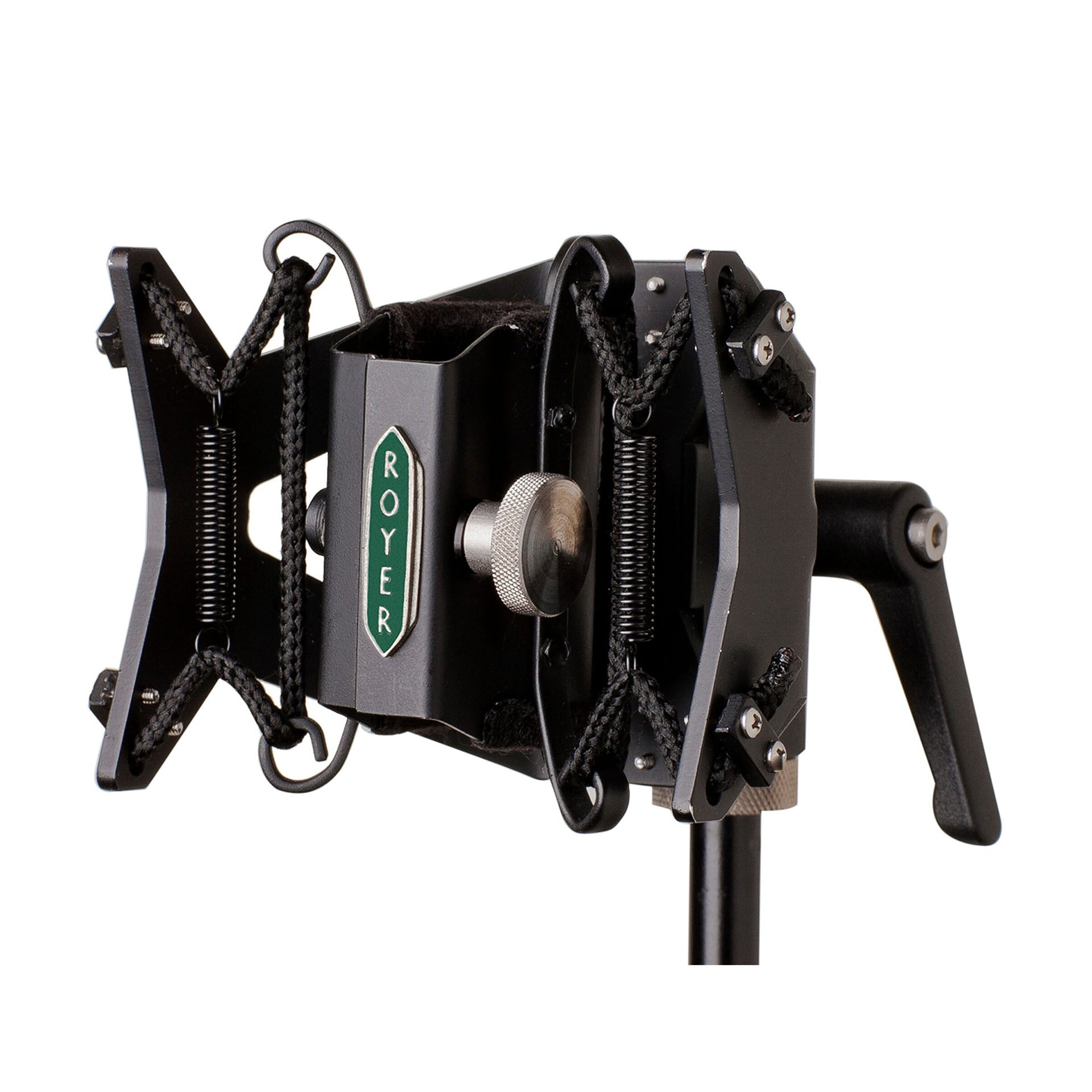 Front angled view of the Royer RSM-SS1 Sling-Shock Microphone Shockmount, showcasing its unique non-elastic suspension system for superior vibration isolation