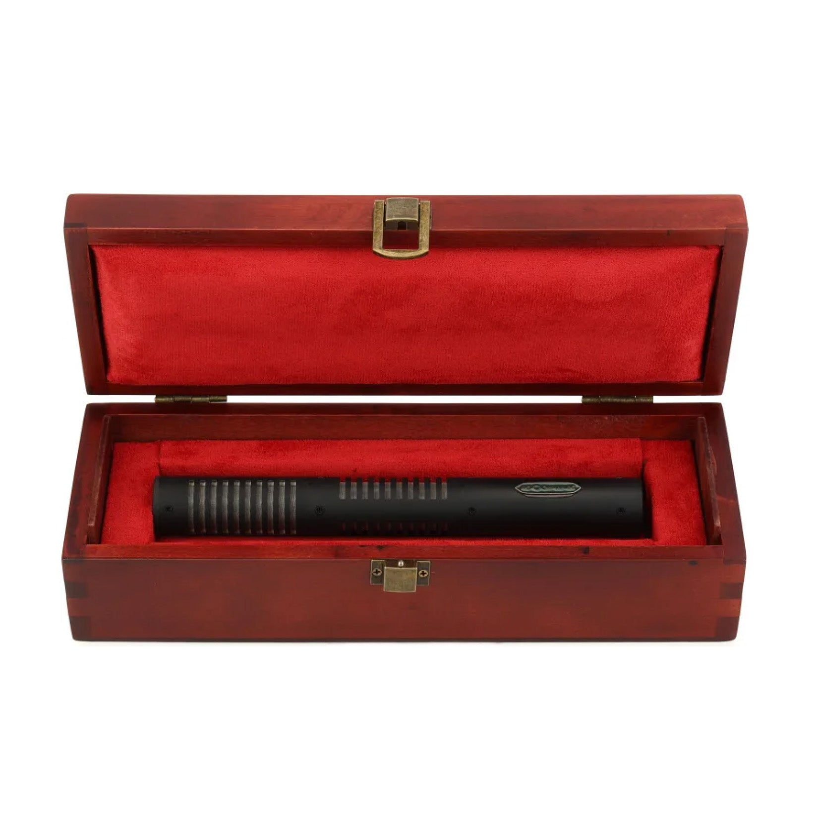 Royer SF-12 Stereo Ribbon Microphone nestled inside its custom wooden case with vibrant red lining.