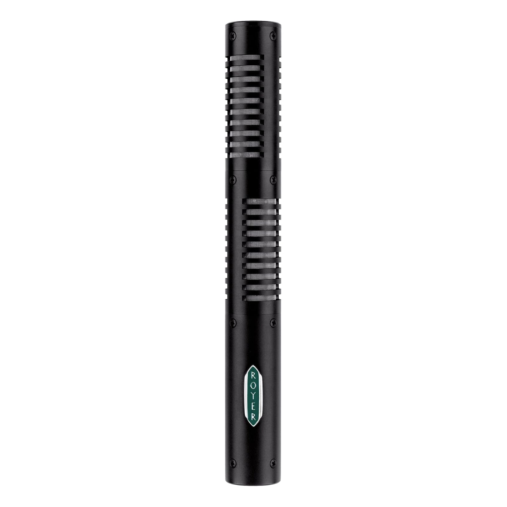 Front view of the Royer SF-12 Stereo Ribbon Microphone, showcasing its elegant black finish, iconic royer logo and dual-capsule design for precise stereo recording