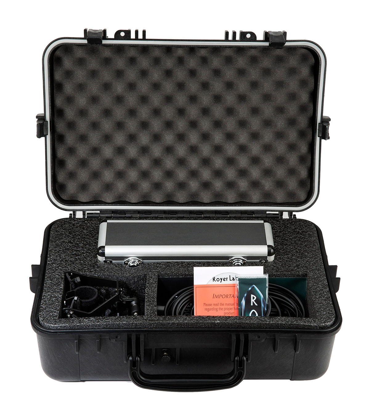 Royer SF-24 Stereo Ribbon Microphone carry case, open to reveal its custom mic case, cable and RSM-SS24 Sling-Shock shockmount inside, ready for secure transport and professional studio use.