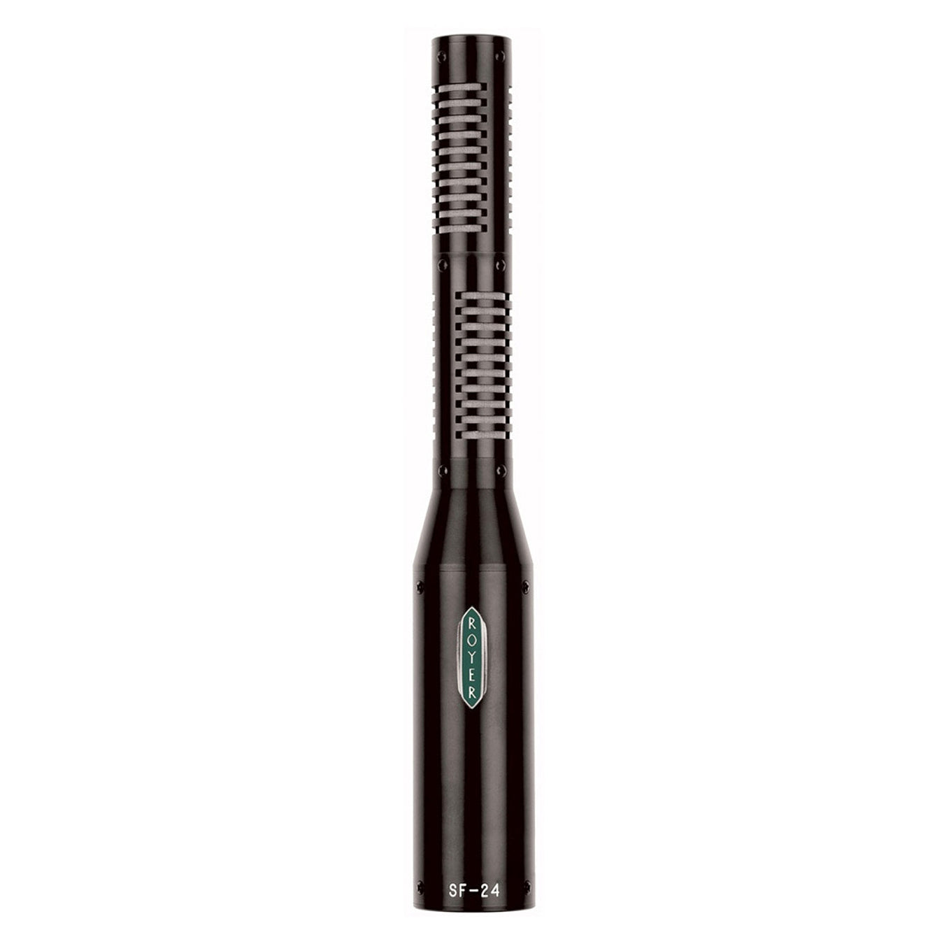 Front view of the Royer SF-24 Stereo Ribbon Microphone, showcasing its elegant black finish, iconic royer logo and dual-capsule design for precise stereo recording