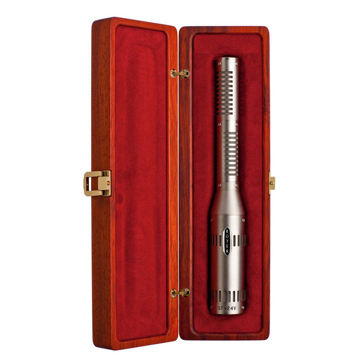Royer SF-24V Stereo Tube Ribbon Microphone, front view nestled in its custom wooden case with red lining.