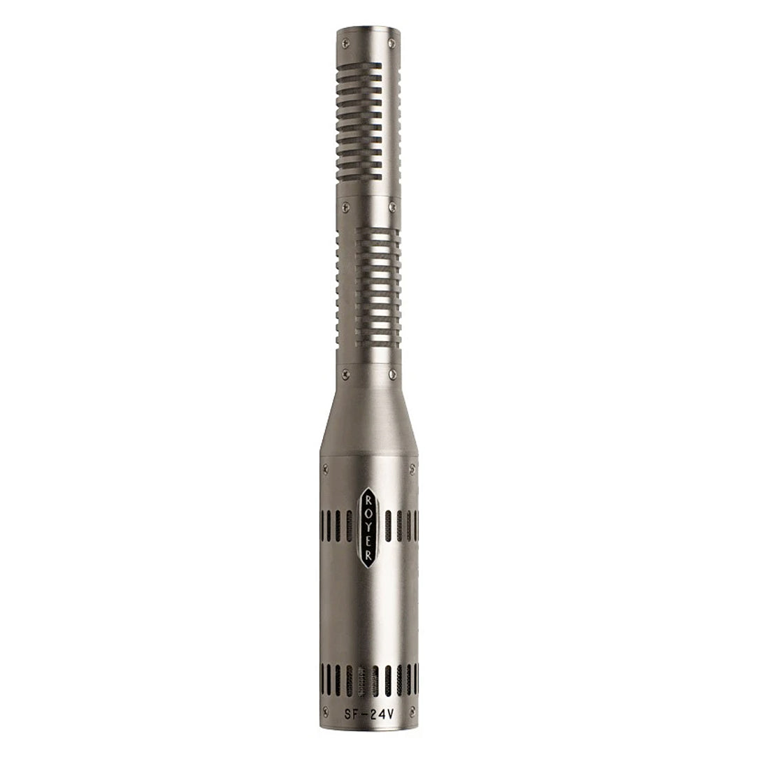 Front view of the Royer SF-24v Stereo Tube Ribbon Microphone, showcasing its elegant finish, iconic royer logo and dual-capsule design for precise stereo recording