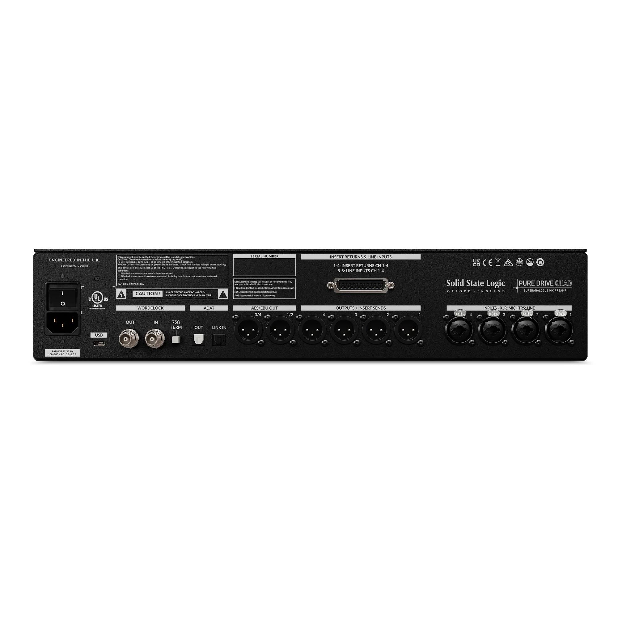 Solid State Logic PUREDRIVE Quad 4-channel mic/line/instrument preamplifier, rear view. Features comprehensive I/O including XLR/TRS combo inputs, balanced analog outputs, ADAT, AES/EBU, world clock connections and USB-C for seamless studio integration and digital conversion.