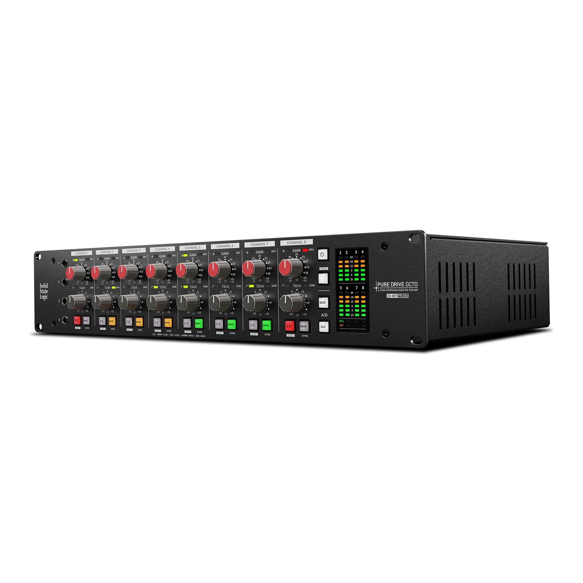 Solid State Logic PUREDRIVE Quad 4-channel mic/line/instrument preamplifier, angled front view. Professional studio preamps with switchable Drive modes and high quality conversion.