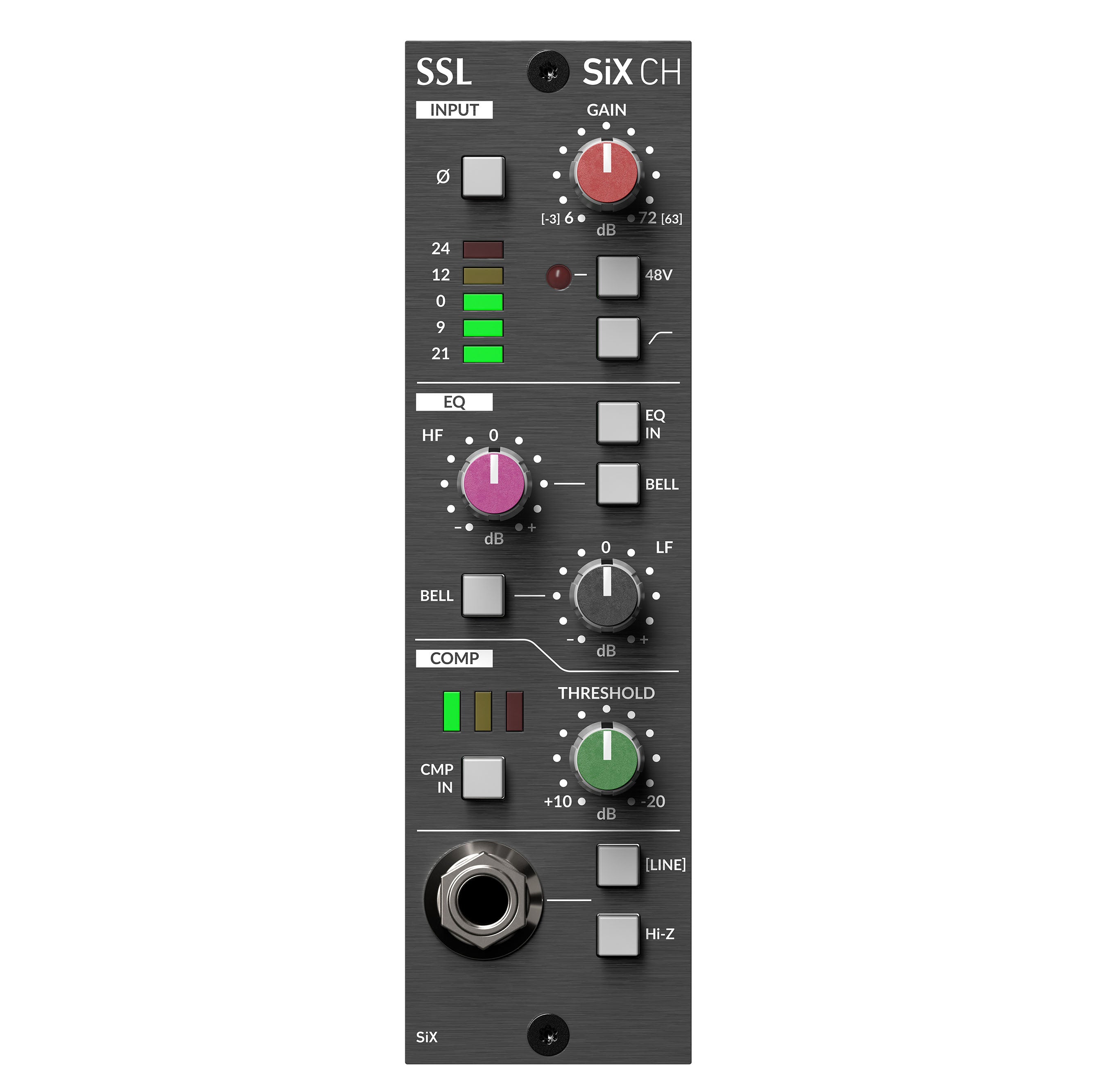 Solid State Logic SiX Channel 500 Series Channel Strip front view, featuring controls for its SuperAnalogue mic preamplifier (including gain, 48V phantom power, phase, and 75Hz high-pass filter), a two-band EQ section, and a 'G Series' style compressor, along with metering.