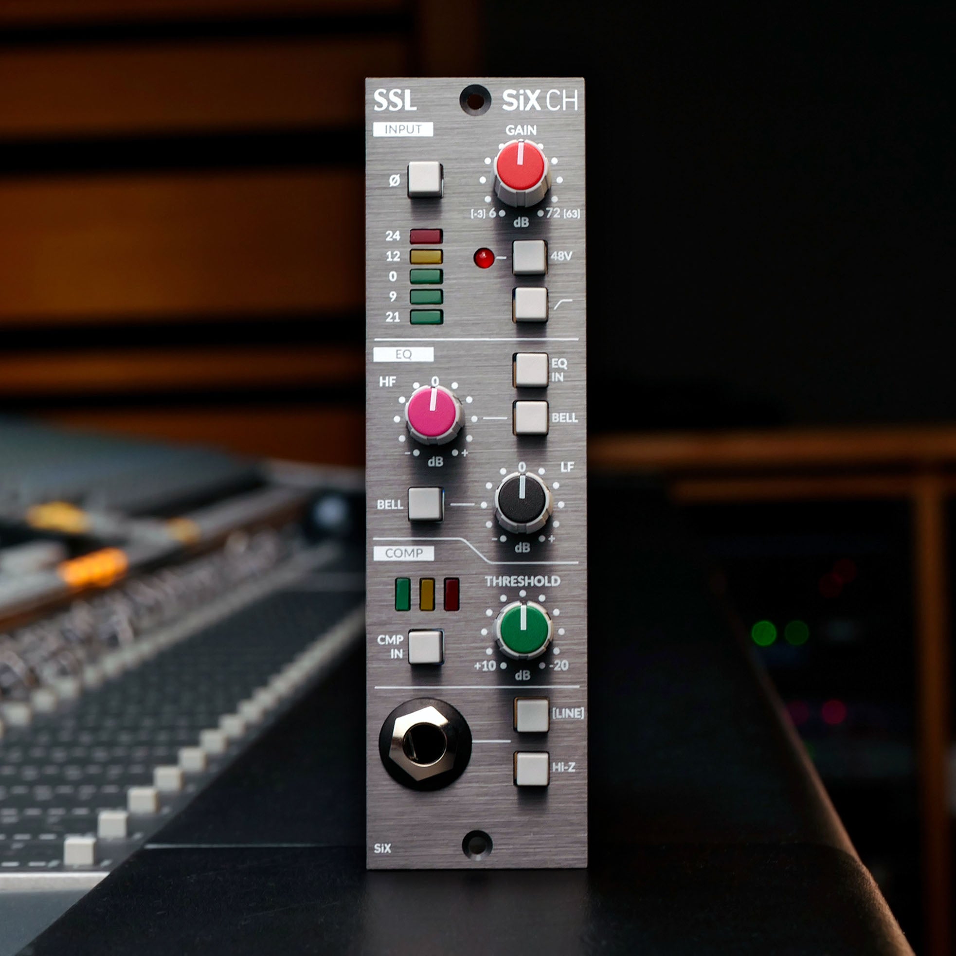 Solid State Logic SiX Channel 500 Series Channel Strip front promo view, featuring controls for its SuperAnalogue mic preamplifier (including gain, 48V phantom power, phase, and 75Hz high-pass filter), a two-band EQ section, and a 'G Series' style compressor, along with metering.