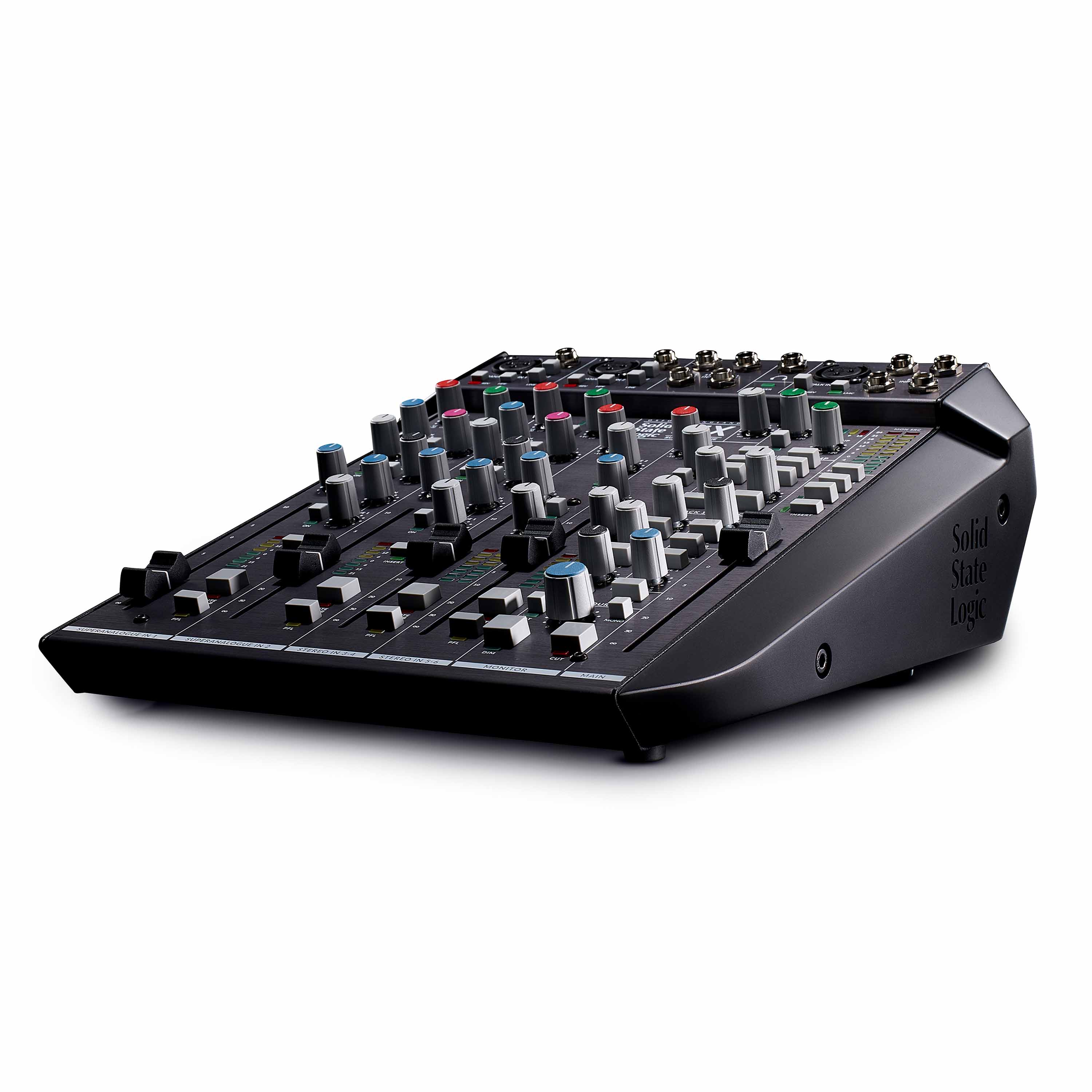 Solid State Logic SiX Ultimate Desktop Mixer, low-angle view, showcasing its angled design. The top panel reveals rotary knobs, faders, and illuminated buttons