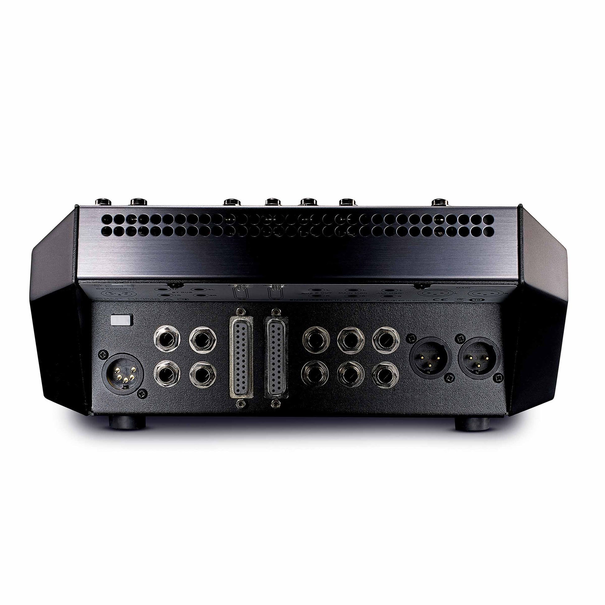 Solid State Logic SiX Ultimate Desktop Mixer, back view, featuring inputs and outputs