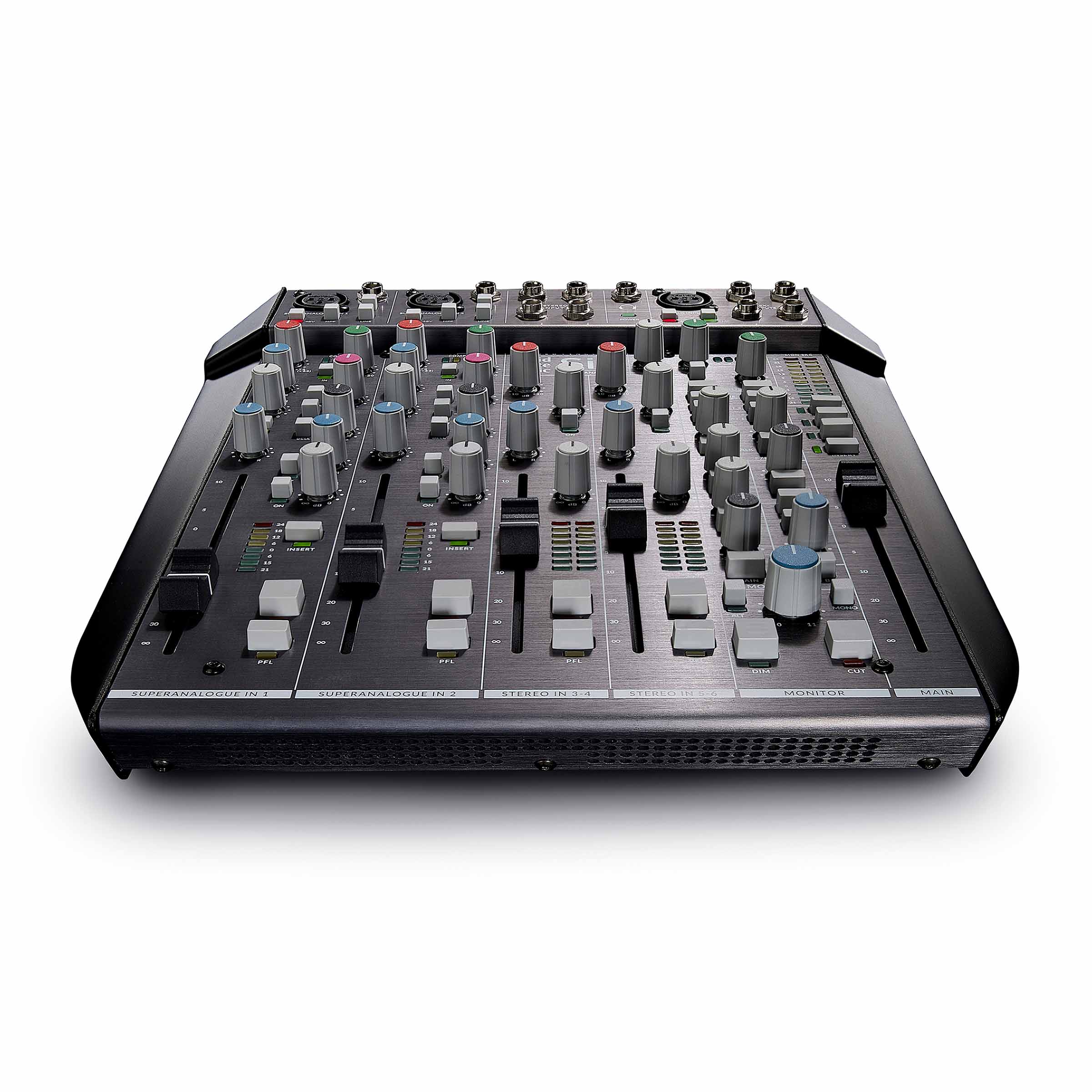 Solid State Logic SiX Ultimate Desktop Mixer, bottom view, featuring SSL SuperAnalogue preamps and G Series Bus Compressor.