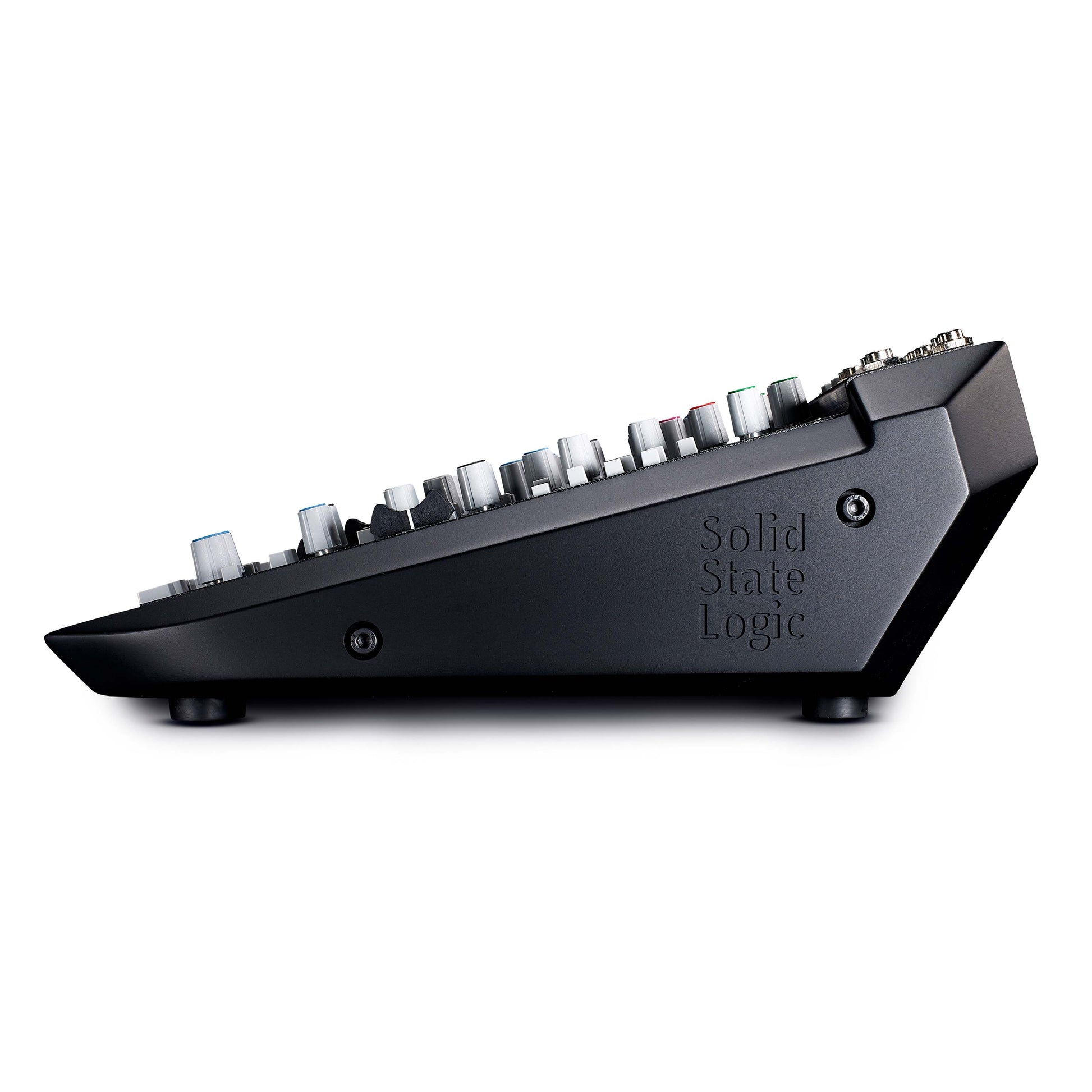 Solid State Logic SiX Ultimate Desktop Mixer, side view, showing the profile of the mixer and its robust build.