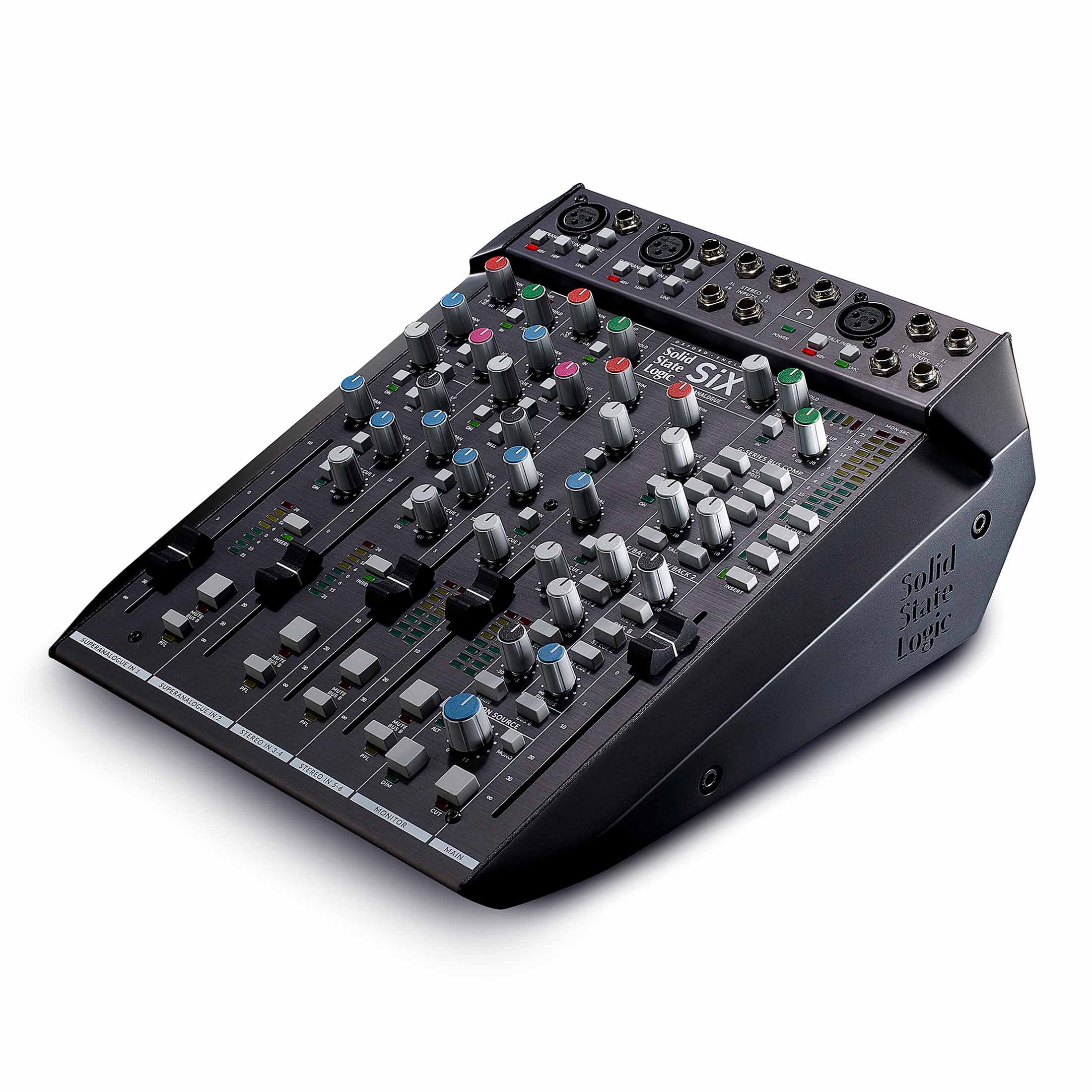 Solid State Logic SiX Ultimate Desktop Mixer, top angled view, featuring SSL SuperAnalogue preamps and G Series Bus Compressor.