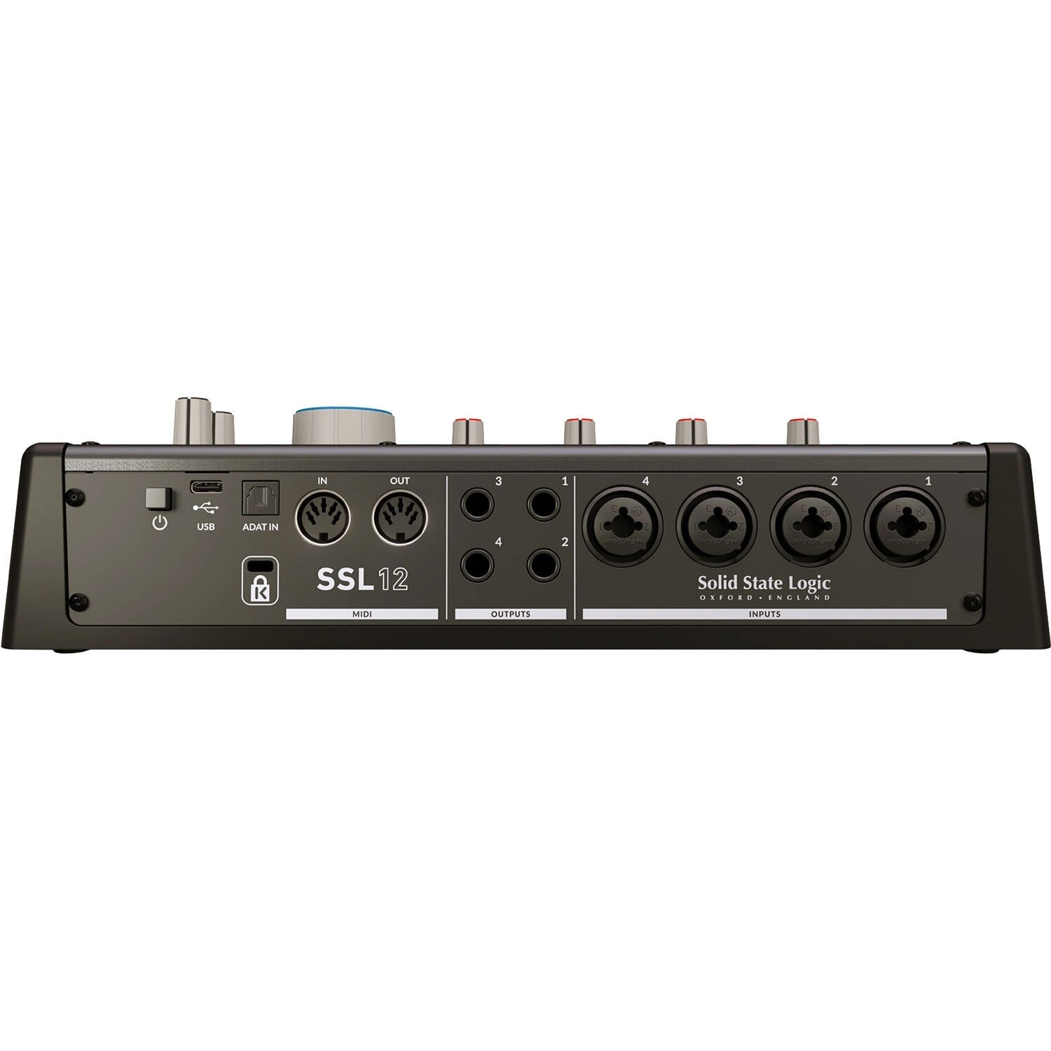 Solid State Logic SSL 12 USB Audio Interface, rear panel. showing four XLR/TRS combo inputs, balanced line outputs, MIDI I/O, USB-C port, and ADAT input for expansion.