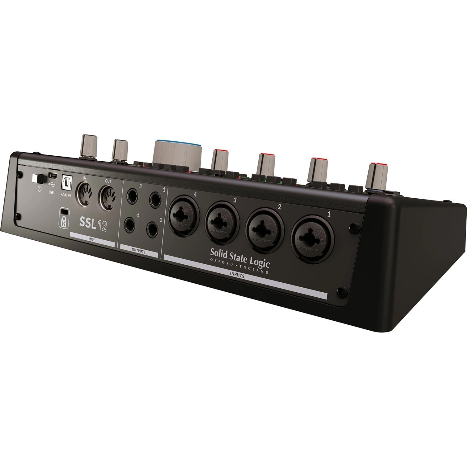 Solid State Logic SSL 12 USB Audio Interface, rear panel. showing four XLR/TRS combo inputs, balanced line outputs, MIDI I/O, USB-C port, and ADAT input for expansion.