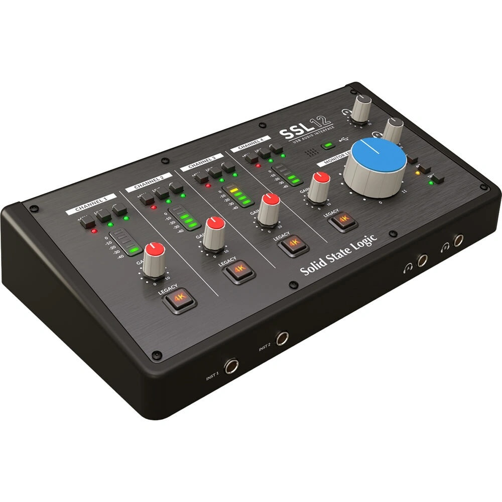 Solid State Logic SSL 12 USB Audio Interface, top view. Clear display of main controls including input gain knobs, 4K Legacy mode buttons, metering LEDs, and headphone level controls for intuitive desktop recording.