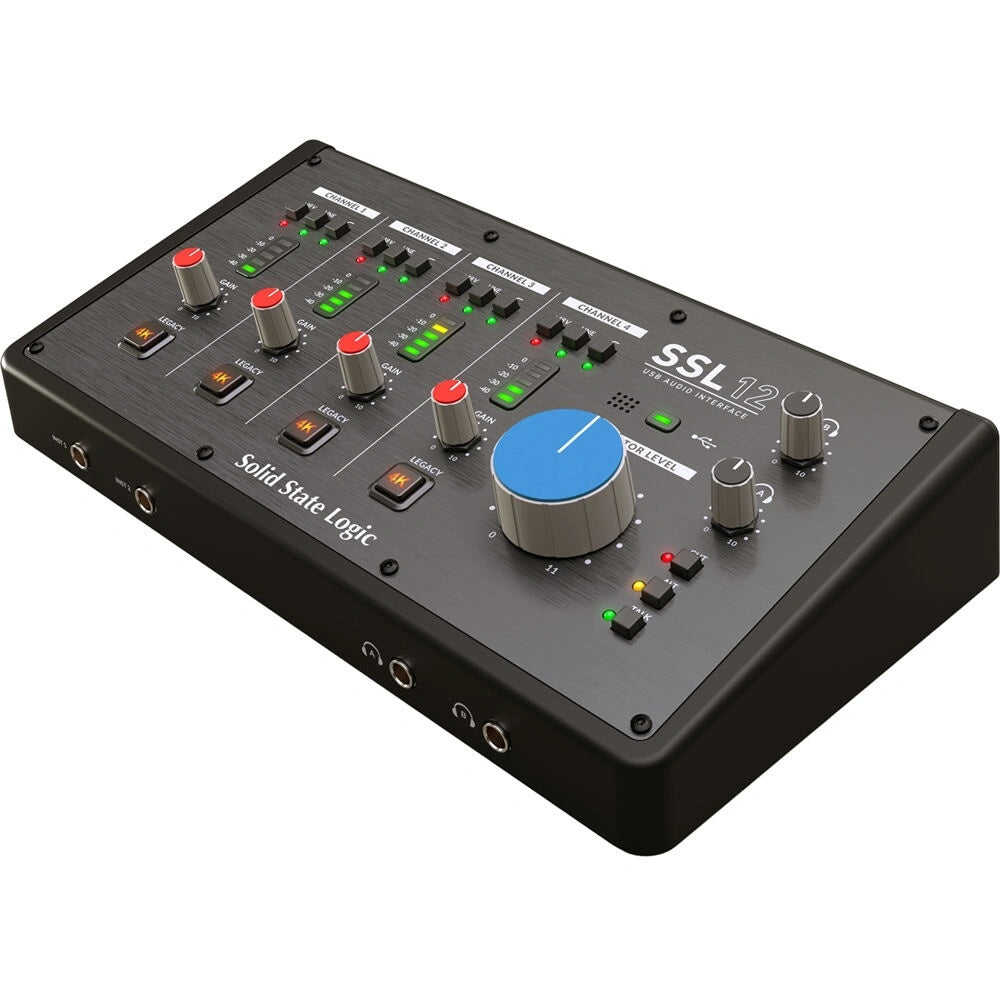 Solid State Logic SSL 12 USB Audio Interface, angled top view. Clear display of main controls including input gain knobs, 4K Legacy mode buttons, metering LEDs, and headphone level controls for intuitive desktop recording.